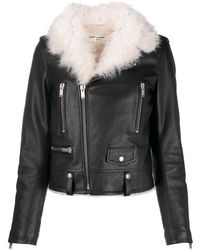 Saint Laurent - Veste Biker En Cuir Grainé Et Shearling - Lyst