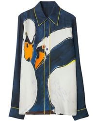 Burberry - Swan-print Long-sleeve Silk Shirt - Lyst