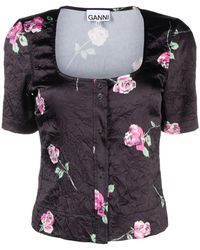 Ganni - Floral-Print Crinkled Satin Blouse - Lyst
