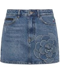 Philipp Plein - Denim Mini Skirt Rose Strass - Lyst