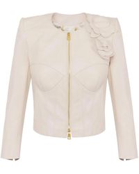 Elisabetta Franchi - Leren Jack Met Bloemapplicatie - Lyst