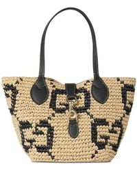 Gucci - Small Raffia Gg Pattern Tote Bag - Lyst