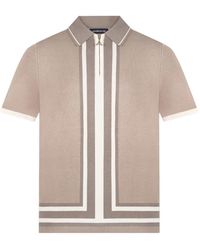 Manière De Voir - Stripe-Detailed Zip-Fastening Knit Taupe Polo Shirt - Lyst