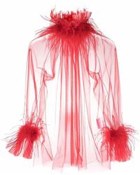 Styland Feather-trim Sheer Blouse - Red