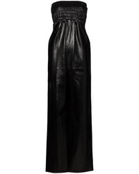 Bottega Veneta - Strapless Shirred Crinkled Glossed-leather Jumpsuit - Lyst
