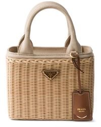 Prada - Small Wicker And Canvas Tote Bag - Lyst