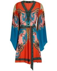 Etro - Silk Mini Dress With Belt And Placed Print - Lyst