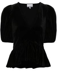 Ganni - V-Neck Velvet Blouse - Lyst