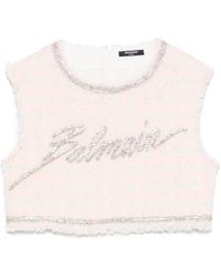 Balmain - Crop Top De Punto Boucle Adornado - Lyst