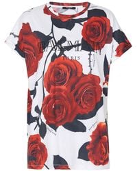 Balmain - Rose Print T-Shirt - Lyst
