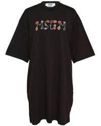 MSGM - Floral-Embroidered T-Shirt Dress - Lyst