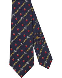 Gucci Corbata con doble G y motivo de fresas y piñas - Azul