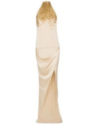 Balmain - Silk Halterneck Dress With Sand Effect Embroidery - Lyst