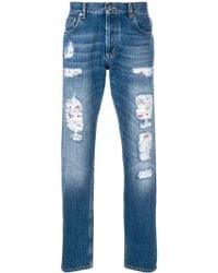Alexander McQueen Distressed Folk Embroidery Jeans - Blauw
