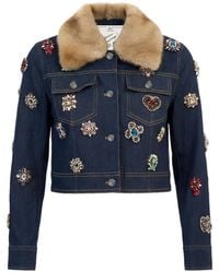 Cinq À Sept - Lexie Faux-Fur Collar Crystal-Embellished Denim Jacket - Lyst