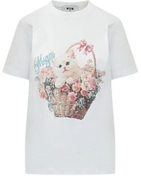 MSGM - Camiseta Con Motivo De Flores Y Gatito - Lyst