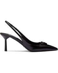 Prada - Brand-plaque Slingback Heeled Brushed-leather Pumps - Lyst