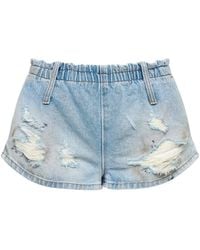 MM6 by Maison Margiela - Used-Effect Cotton Denim Shorts With Elastic Waistband - Lyst