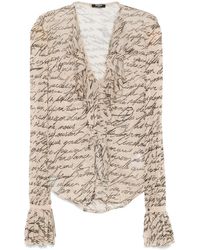 Balmain - Love Letter-Print Ruffled Blouse - Lyst