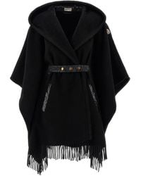 Moncler - Hooded Cape With Belted Waist And Fringed Hem - Lyst