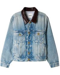 Sandro - Button-Up Denim Jack Met Leren Kraag - Lyst