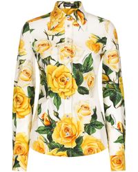 Dolce & Gabbana - Long-sleeved cotton shirt with yellow rose print - Lyst