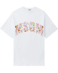 MSGM - Floral Cotton Crew Neck T-shirt - Lyst