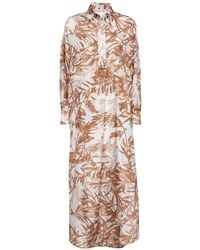 Brunello Cucinelli - Leaf-Print Silk Shirt Maxi Dress - Lyst