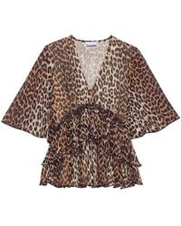 Ganni - Leopard Print V-necked Blouse - Lyst
