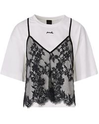 Pinko - Lace-Overlay Logo-Embroidered T-Shirt - Lyst