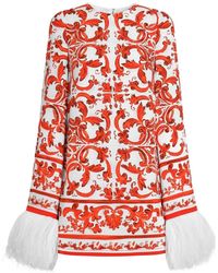 Dolce & Gabbana - Majolica-Print Charmeuse Dress With Feather Trim - Lyst