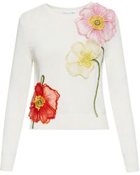 Oscar de la Renta - Painted Poppies-embroidered Cotton Jumper - Lyst