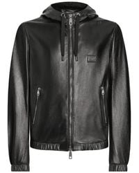 Dolce & Gabbana - Logo-Tag Hooded Leather Jacket - Lyst
