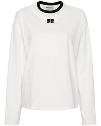 Miu Miu - Logo Embroidered Cotton T-shirt - Lyst
