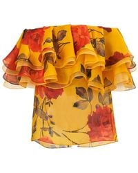 Carolina Herrera - Rose-Print Organza Ruffle Top - Lyst