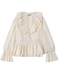 Ganni - Ruffled Lace-Trim Blouse - Lyst