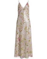 Alberta Ferretti - V-Neck Midi Dress With Sequined Floral Design - Lyst