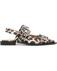 Ganni - Satin-Ballerinas Mit Leoparden-Print - Lyst