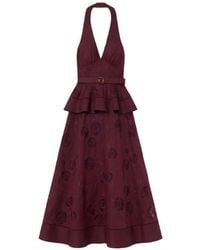 Self-Portrait - Plum Linen-Blend Peplum Midi Dress - Lyst