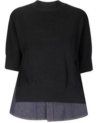 Sacai - Gebreide Top Met Denim Vlak - Lyst