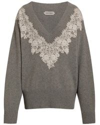 Alberta Ferretti - Lace-Trim V-Neck Sweater - Lyst