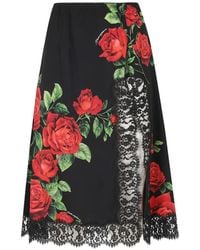 Dolce & Gabbana - Rose-Print Lace-Trim Midi Skirt - Lyst