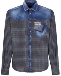 DSquared² - Checked Panelled Denim Shirt - Lyst