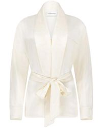 Victoria Beckham - Ivory Crepe-Back Satin Alba Blouse With Belt - Lyst