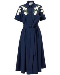 Carolina Herrera - Floral-Embroidered Belted Midi Dress - Lyst
