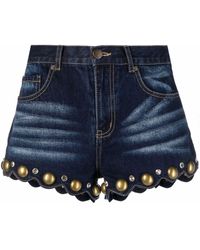 Area Crystal And Stud Embellished Mini Denim Shorts - Blue