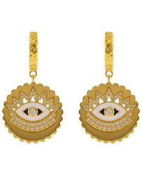 Buddha Mama - 20kt Yellow Gold Scalloped Evil Eye Enamel And Diamond huggie Earrings - Lyst