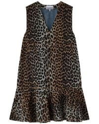 Ganni - Leopard Denim Mini Dress - Lyst