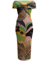Etro - Tulle Midi Dress With Open Shoulders And Two Prints - Lyst