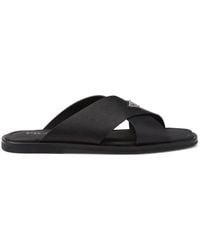 Prada - Crisscross Logo-Triangle Leather Sandals - Lyst